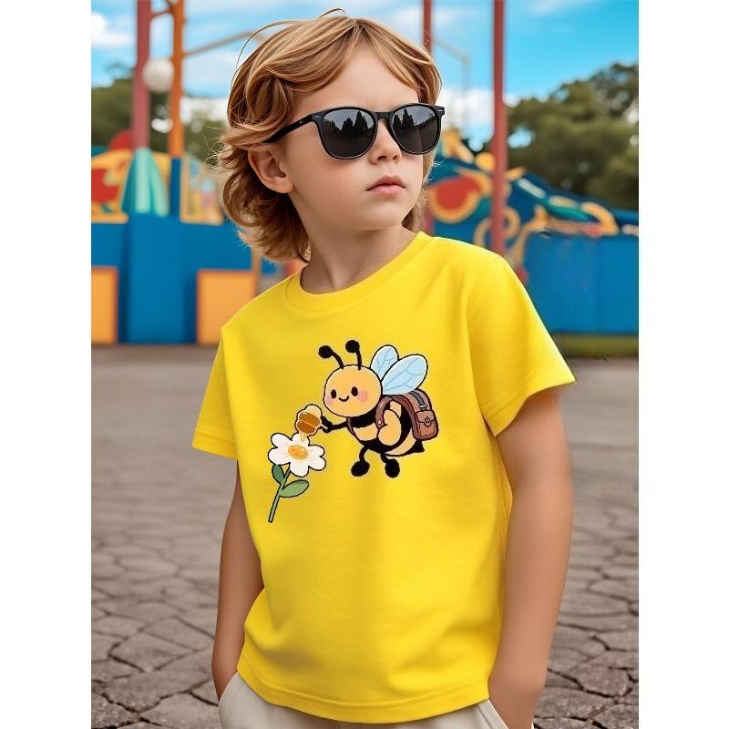 European Sizes Boys' T-shirt Cute Bee with Backpack And Flower, Ideal for Outdoor Activities, Soft Knitted Top, Comfortable And Breathable