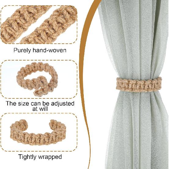 4 Pack Boho Braided Curtain Tiebacks, Farmhouse Rustic Curtain Tie Backs Handmade Light Weight Drapes Holdbacks Flexible Burlap Rope Tie for Home