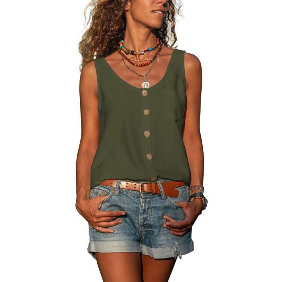 Top da donna senza maniche con bottoni decorativi, colore unito, con tasche, scollo a V, casual, mimetico militare, canottiera da donna, abbigliamento da donna
