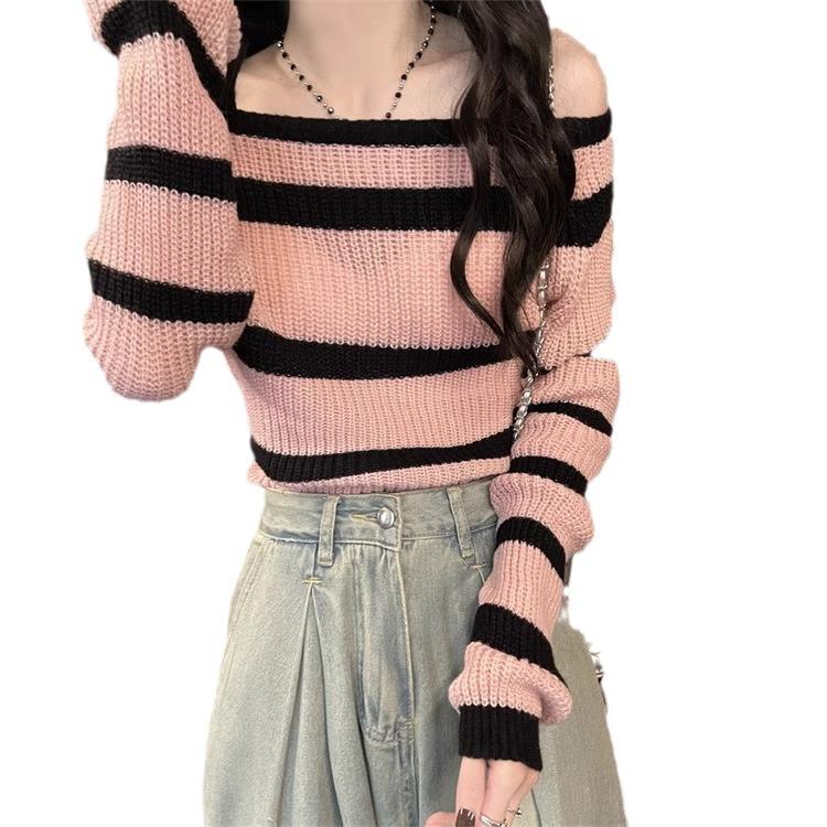 2024 Autumn Striped Knitted Top - Women's Sexy Off-Shoulder Short Sweater