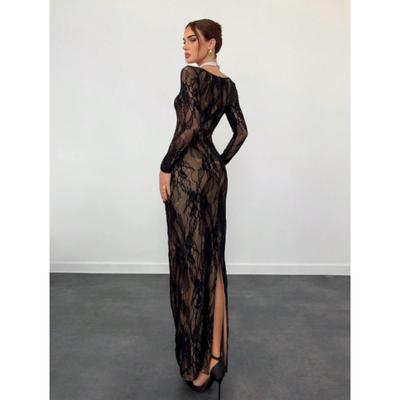 Xiyin Nian Square Neck Lace Splicing Split Fork Waist Skinny Long Sleeve Hip Wrap Zipper Dress