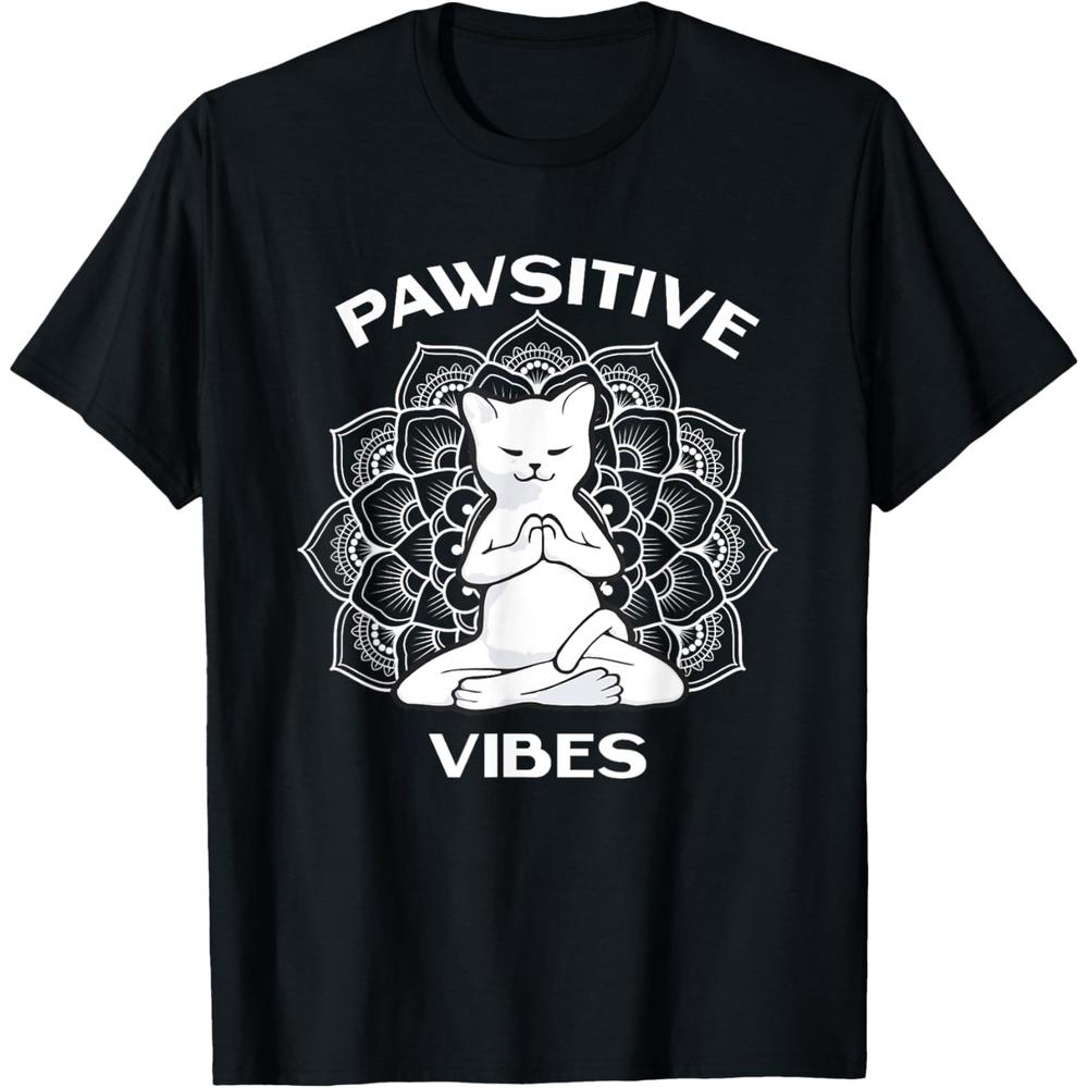 Pawsitive Vibes Positivity Meditation Lotus Mandala Yoga Cat T Shirt 4XL чёрный