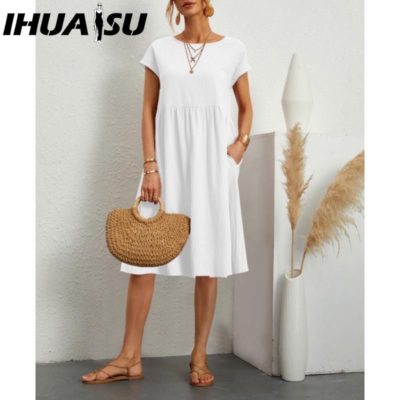 IHUASU Women's Fashion Summer Spring Solid Color Print O-Neck High Waist Casual Dresses