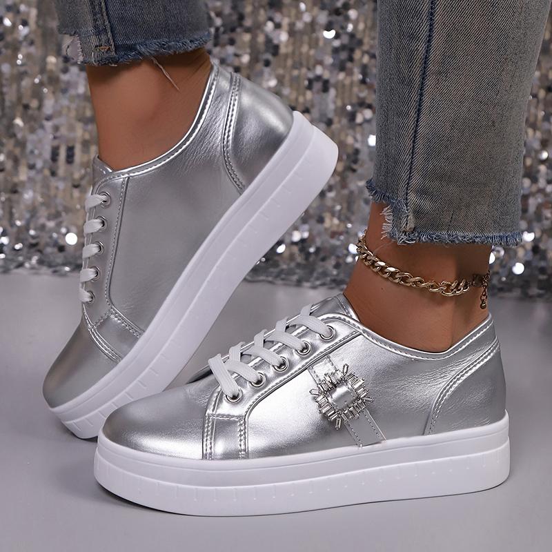 Fashion Women Sneakers Fashion Platform Non-slip Women Shoes New Lace Up Sports Shoes Woman Crystal Buckle Thick Bottom Vulcanized Shoes