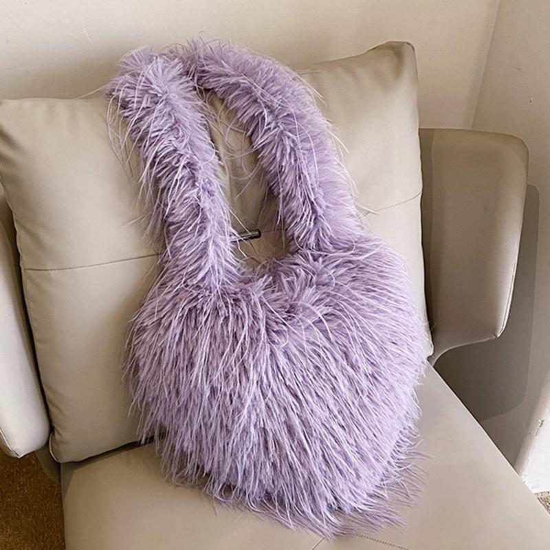 Yogodlns Long Plush Women's Large Shoulder Bag Luxury Faux Fur Female Love Shape Bags Y2k Punk Girls Fluffy Tote Handbags Crossbody Bag