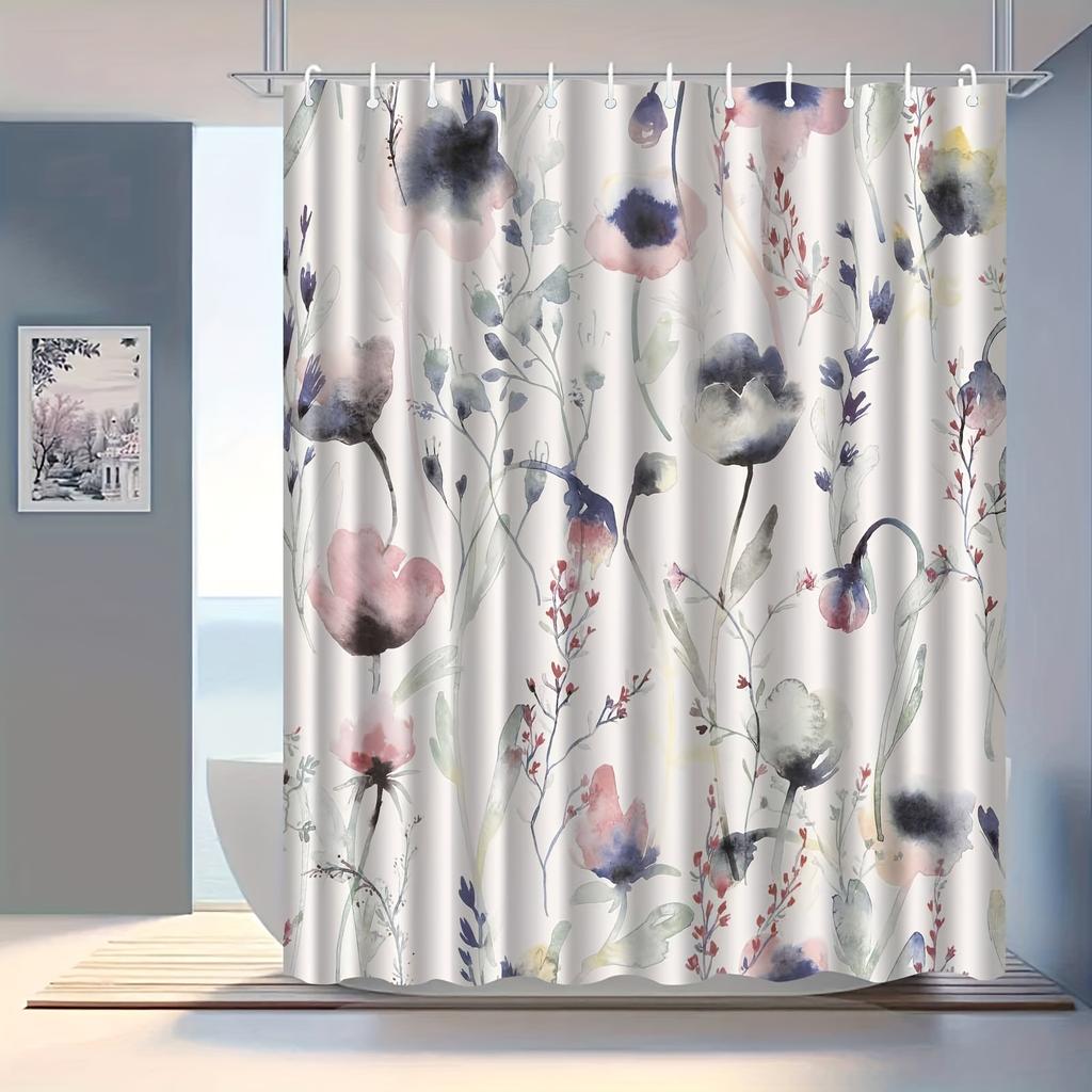 Elegant Floral Shower Curtain, High-End & Anti-Fog, Vibrant Pink/Blue/Purple/Green Flowers, Hooks Included, Bath Decor