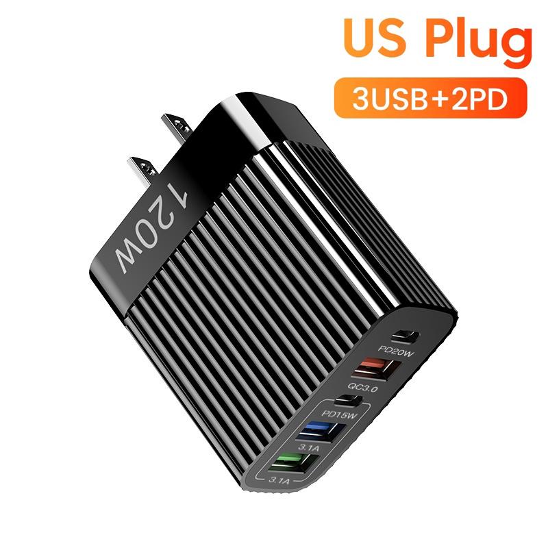 PD 120W GaN Quick Charger 3.0 US EU Plug Travel Portable 5 Port USB Type C Fast Charging Suitable For Android Ios iPhone Xiaomi