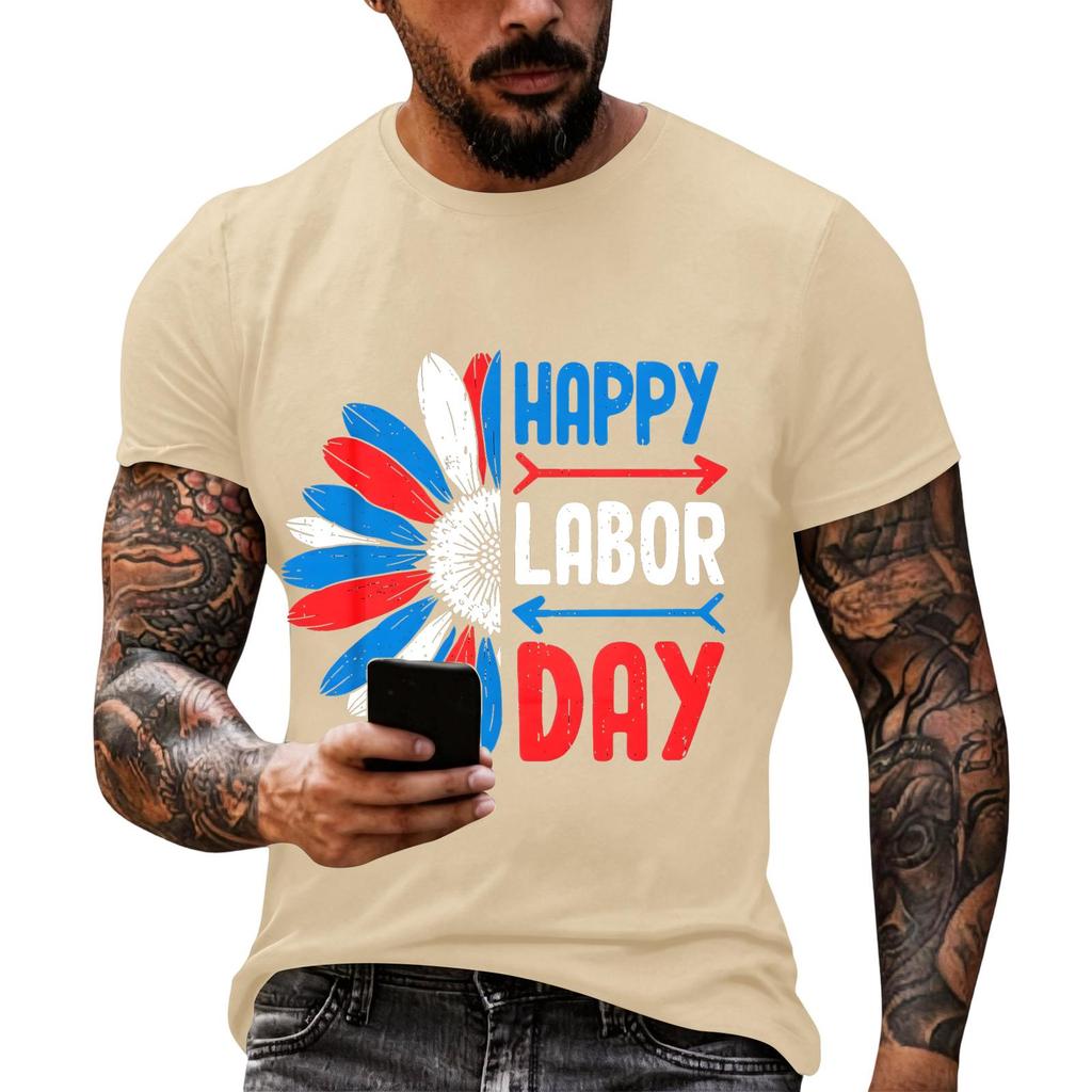 Men's Casual Loose Fit Short Sleeve T-Shirt Crew Neck Printed Graphic Tee for Labor Day Celebration Comfortable Everyday Wear