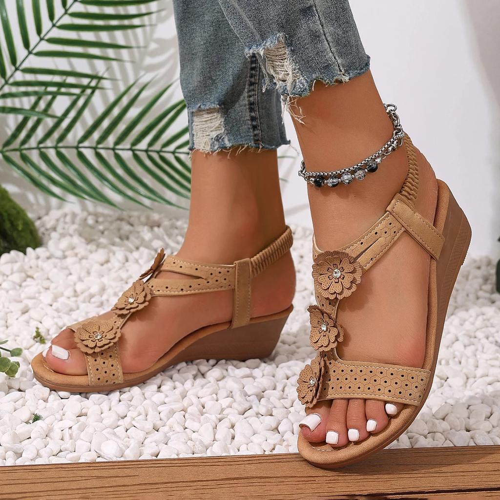 Fashion Retro Flower Decor Wedge Sandals for Women 2025 Summer Casual Non Slip Beach Shoes Woman Elastic Band Comfort Walking Sandalias
