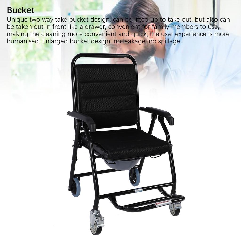 Commode Chair with Wheels Thickened Cushion Foldable Commode Wheelchair with Bucket for Home Elderly