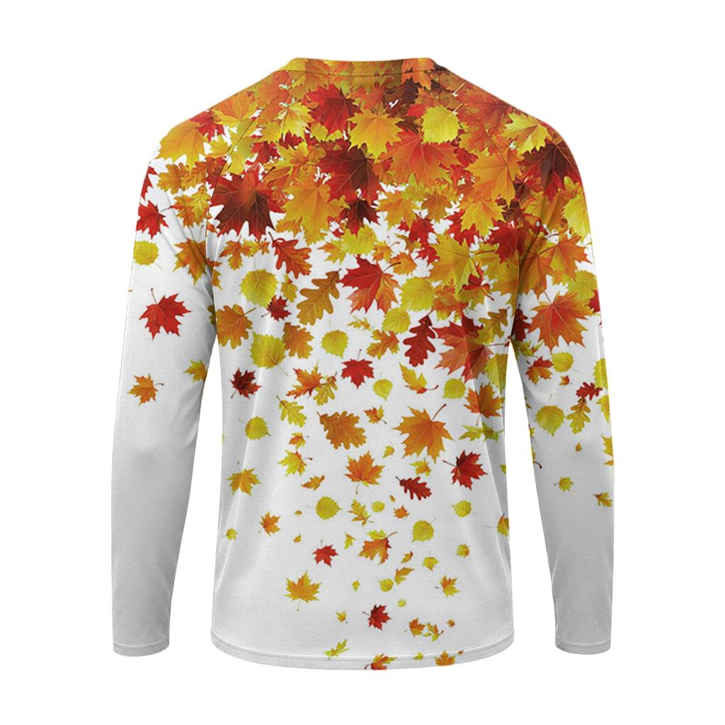 T-shirt da uomo a maniche lunghe con stampa di foglie d'acero, top casual leggero girocollo per autunno e inverno