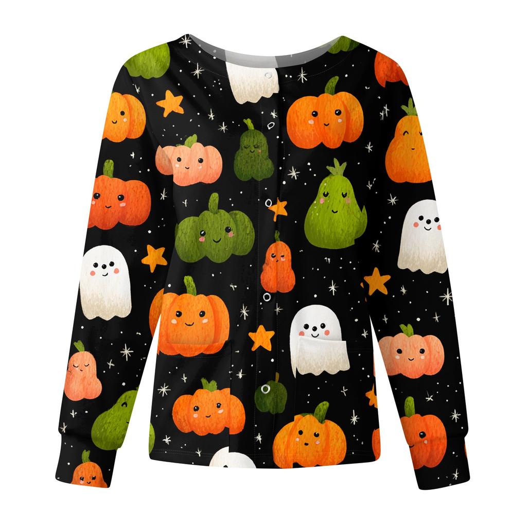 Women's Casual Fashion Long Sleeve Standing Collar Single Breasted Halloween Printed Workwear Jacket Tops