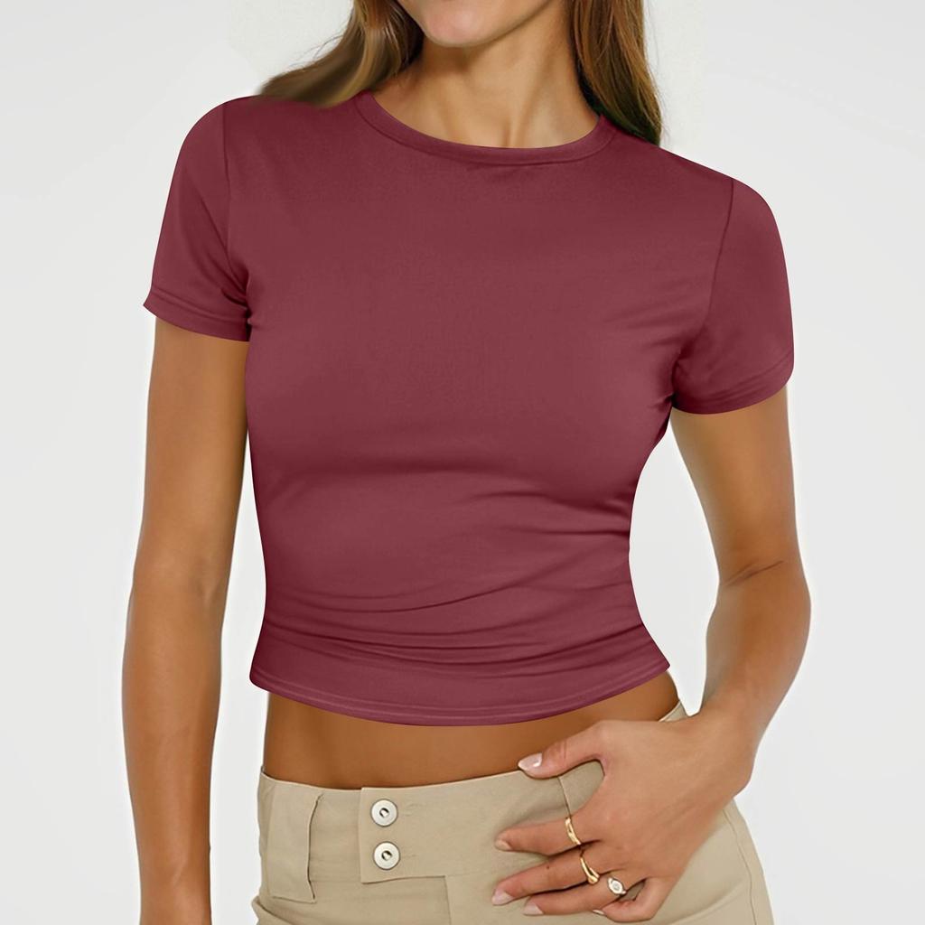 Ladies Summer Fashion Casual Color Round Neck Short Sleeve Slim Ribbed Top