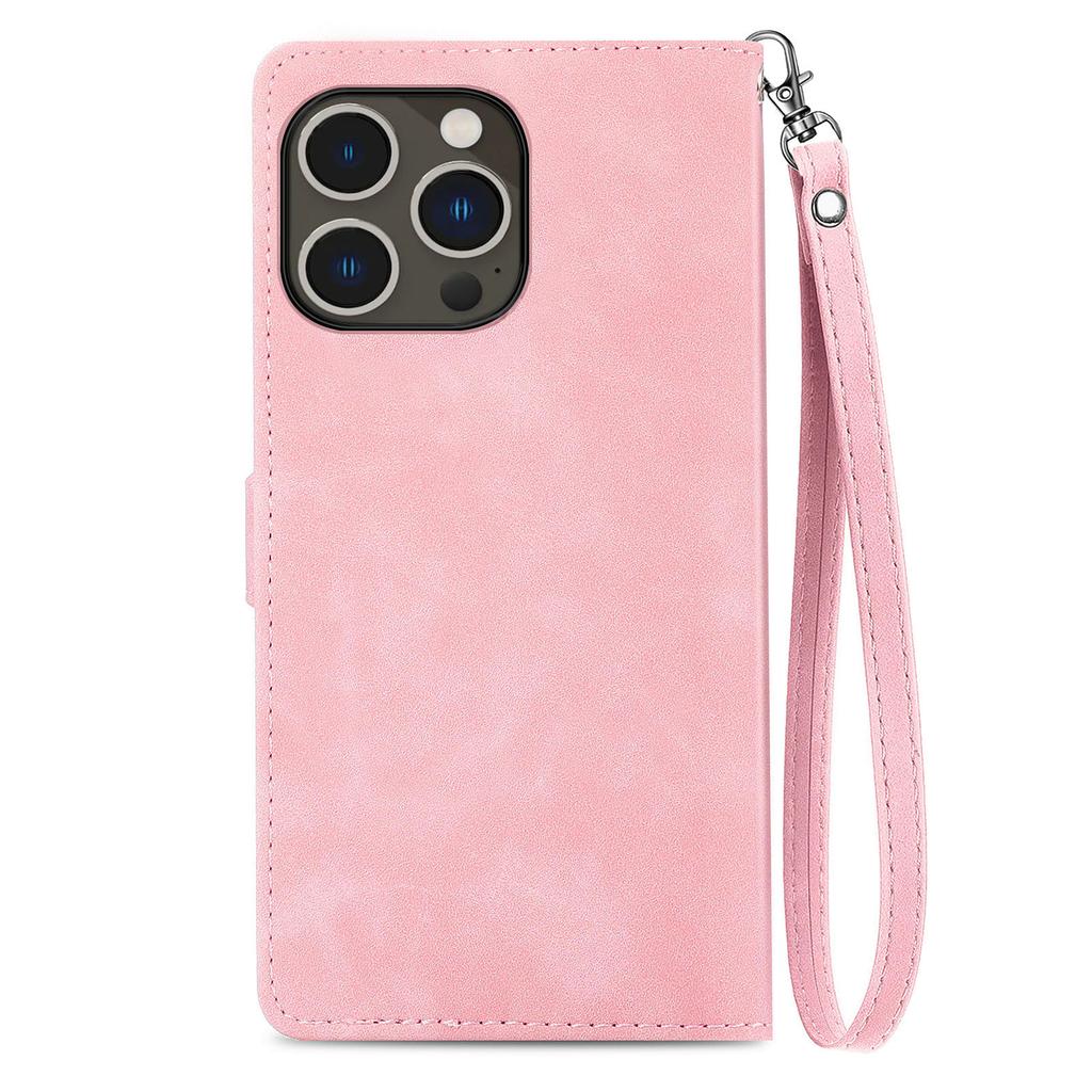 Zipper Wallet Flip Leather Phone Case for IPhone 17 Air 16 15 Samsung S25 S24, with Card Holder Wrist Strap Stand Embossed Shockproof Cover