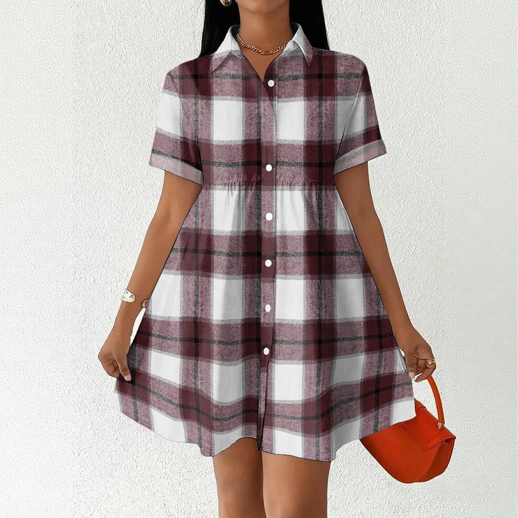 Women Casual Loose Fit Shirt Dress Button Front Short Sleeve Collared Dress Lightweight Plaid Pattern Summer Dress