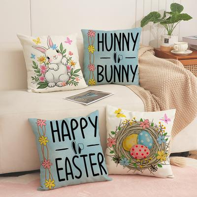 Easter Pillow Case Happy Egg Bunny Cushion Linen Print Holiday Decoration Sofa Cushion