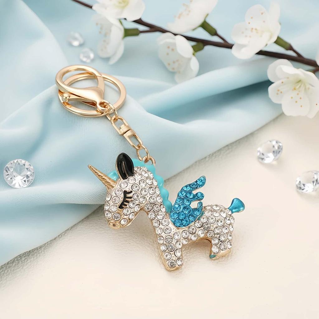 PYNASA Rhinestone Unicorn Keychain for Women, Cute Unicorn Animal Key Holder Accessory, Gift for Car, Backpack, Bag, Tag, Charm, Blue