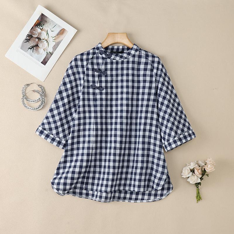 ZANZEA Women Casual Stand Collar Short Sleeve Plaid Print Blouse S темно-синий
