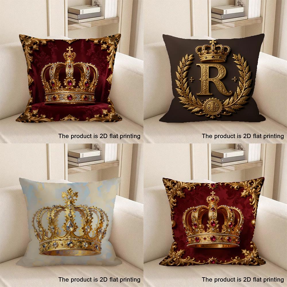 1pc Luxurious Crown-Printed Red Velvet Pillowcase Sofa Cushion Cover Home Bedroom Room Decoration