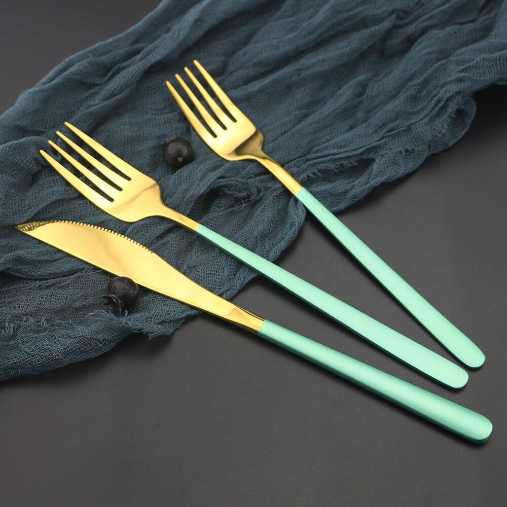 Portable Food Dinnerware Cutlery Set 304 Stainless Steel Table Knife Spoon Fork Dinner Set Green Gold Tableware Set