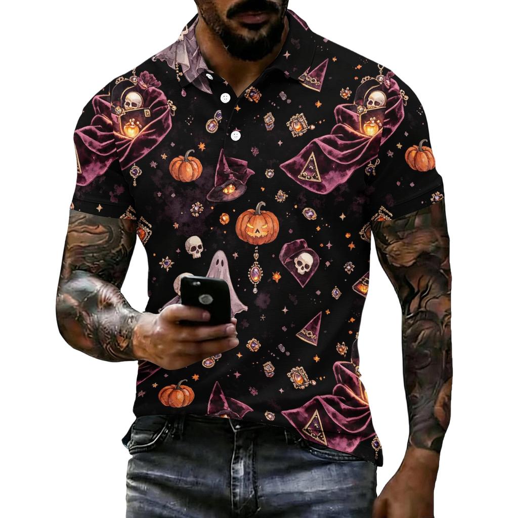 Men's Halloween Printed Short Sleeve Polo Shirt Loose Casual Summer Daily Wear Button Down Collar Top