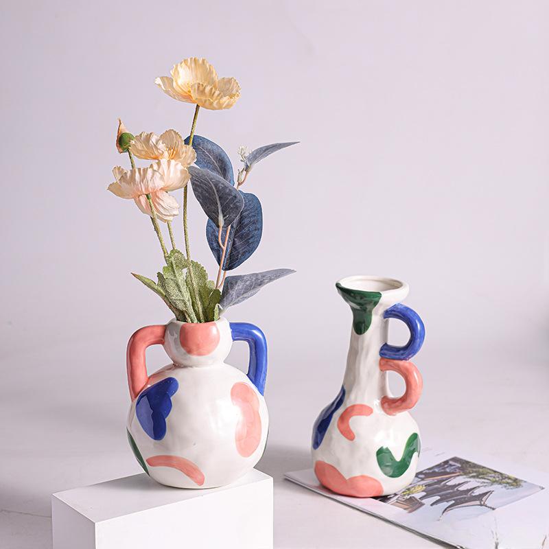 Ceramic Vase Living Room Decoration Creative Design Color Block Painted Niche Flower Ware Durable Best Durable Useful