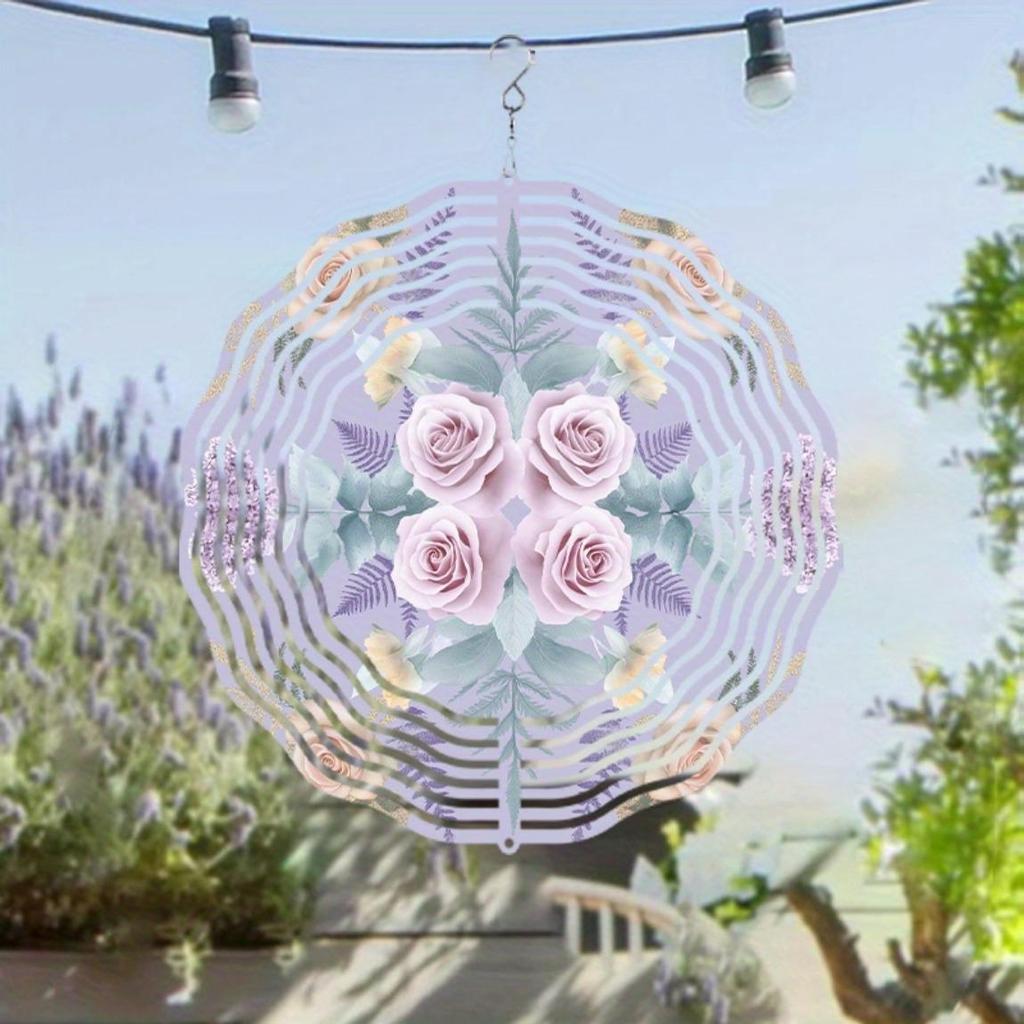 Wiszący wiatraczek z różowymi różami i zielonymi liśćmi, obracający się o 360 stopni, metalowa sztuka, dzwonek do dekoracji ogrodu, balkonu