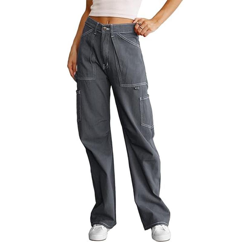 Damen lockere lässige High-Waist gerade Hosen mit sechs Taschen Cargo-Hosen