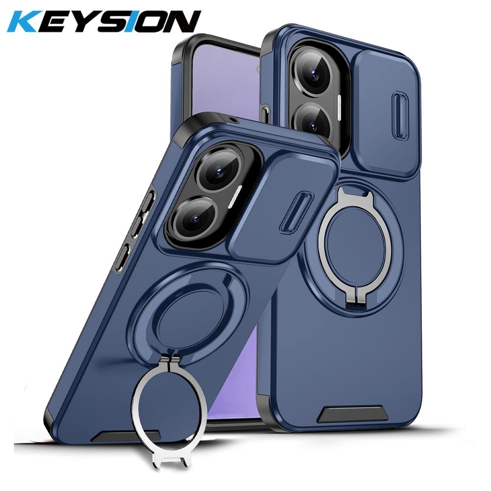 KEYSION 360° Ring Stand Phone Case for Xiaomi POCO F7 Slide Camera Protection Magnetic Shockproof Cover for Redmi Turbo 4 Pro