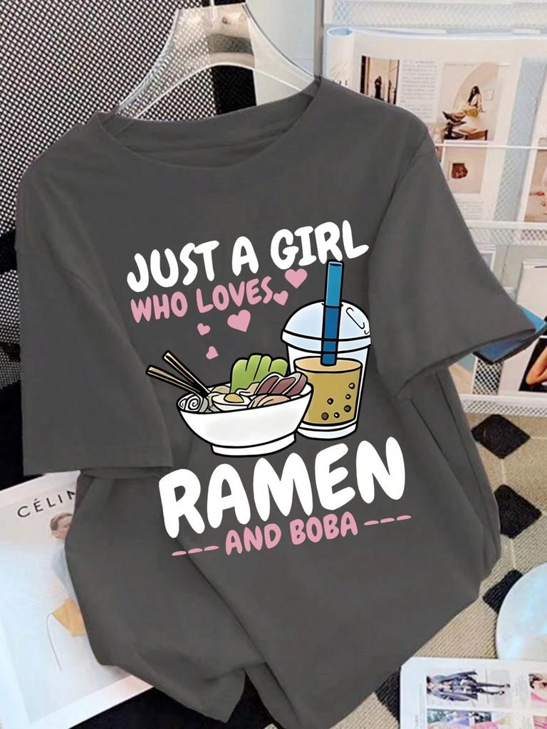 Loves Ramen And Boba Printing T-Shirt Women Cotton Summer T Shirt Comfortable Soft O-Neck Oversized Tops Basic Womans Clothes