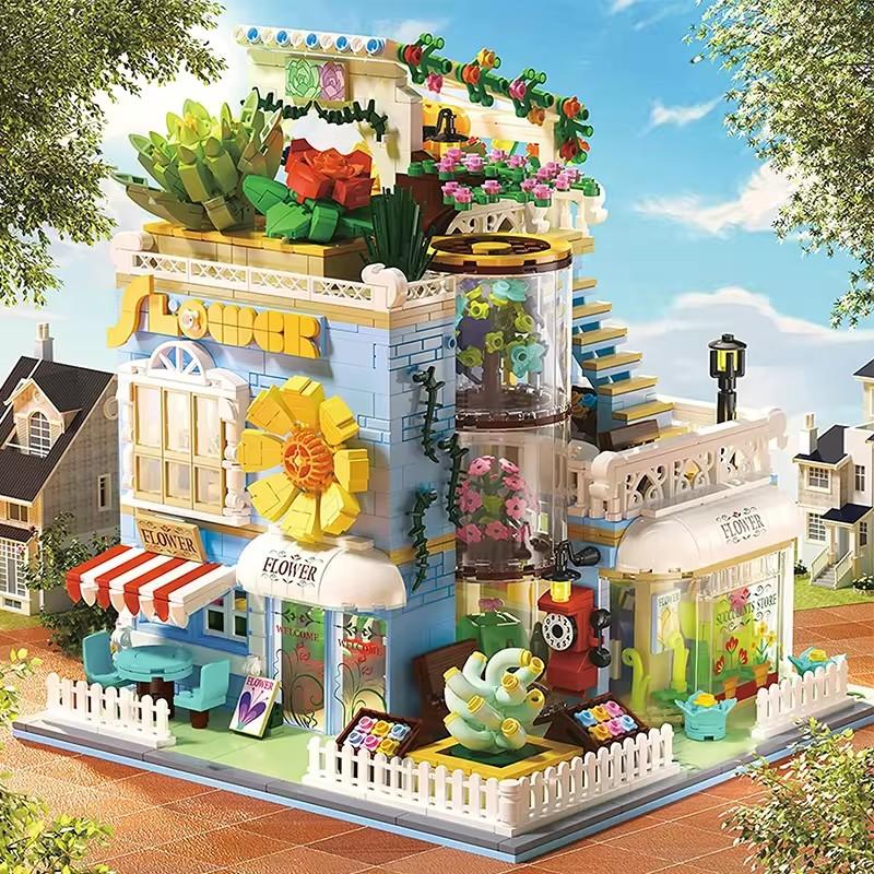 

Мини-строительный блок на крыше, сад, цветочный магазин, популярная игрушка, образование, пластиковый строительный блок, вид на улицу, архитектурная модель, подарок на праздник