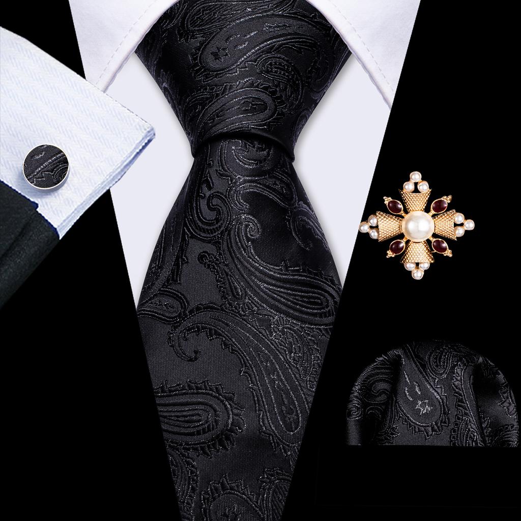 Pearl Brooch with Silk Tie for Men Vintage Floral Teal Necktie Hanky Cufflinks Gift Formal Set