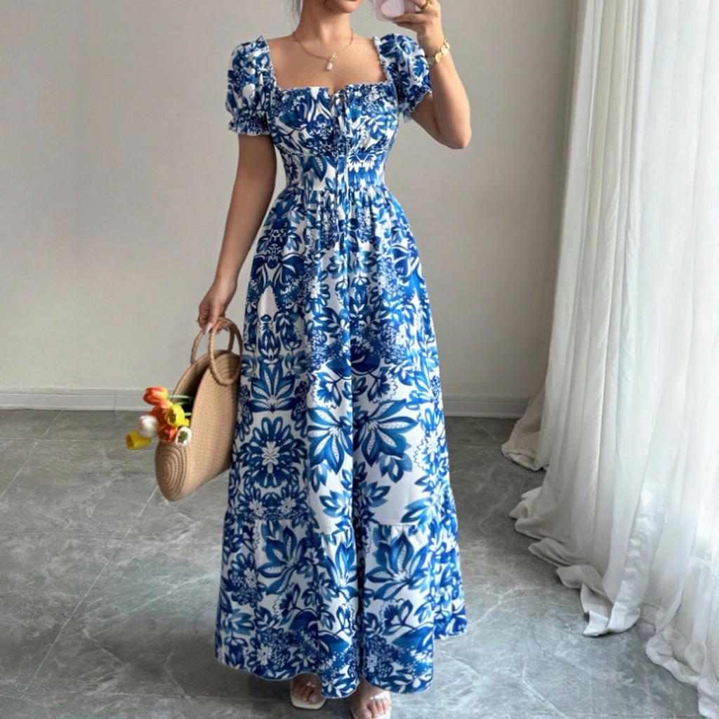 Women’s Elegant Floral Print Off Shoulder Maxi Dress with Puff Sleeves and Fitted Waist for Casual or Formal Wear