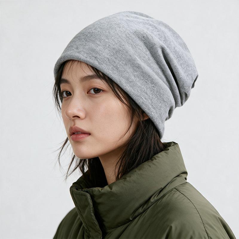 Unisex Korean-Style Double Layer Slouchy Beanie - Autumn/Winter Solid Color with Cloth Label