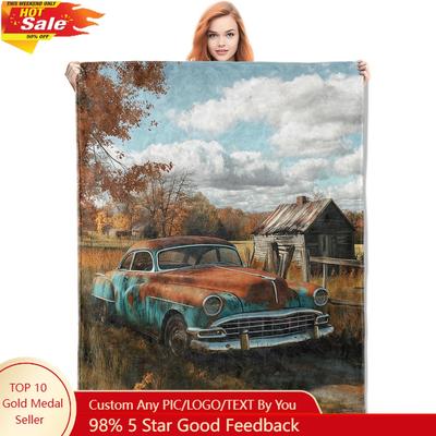 Vintage Car Blanket Gifts for Women Autumn Rustic Old Car Flannel Blanket Soft Warm Lightweight Throw Blankets Custom Blankets