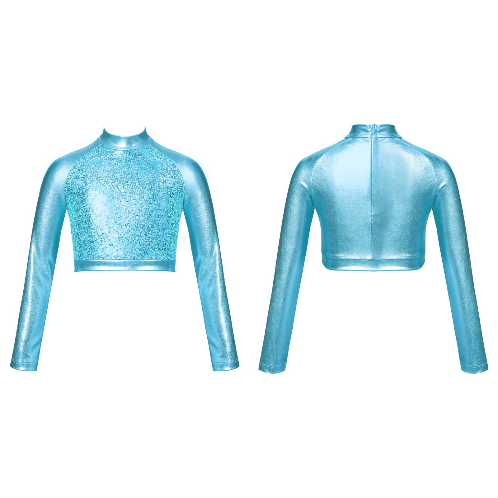 

Детский укороченный топ с блестками и блестками для балета, джаза, современного хип-хопа, танцевальная одежда с воротником и длинными рукавами 7-8 Years бирюзовый