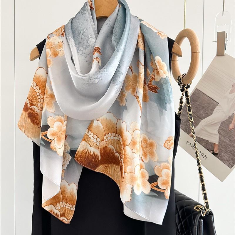 53x170cm100% Mulberry Silk Scarf Floral Print Long Shawl Lightweight Spring Summer Wrap Elegant Fashion Accessory for Women