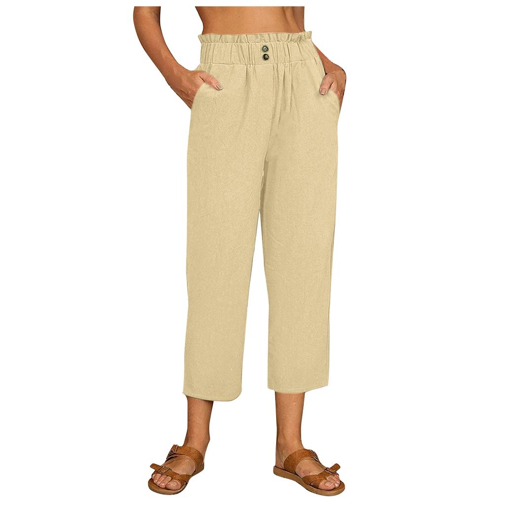 Women's Straight Pants Pockets Elastic Waist Solid Cropped Pants Casual Pants