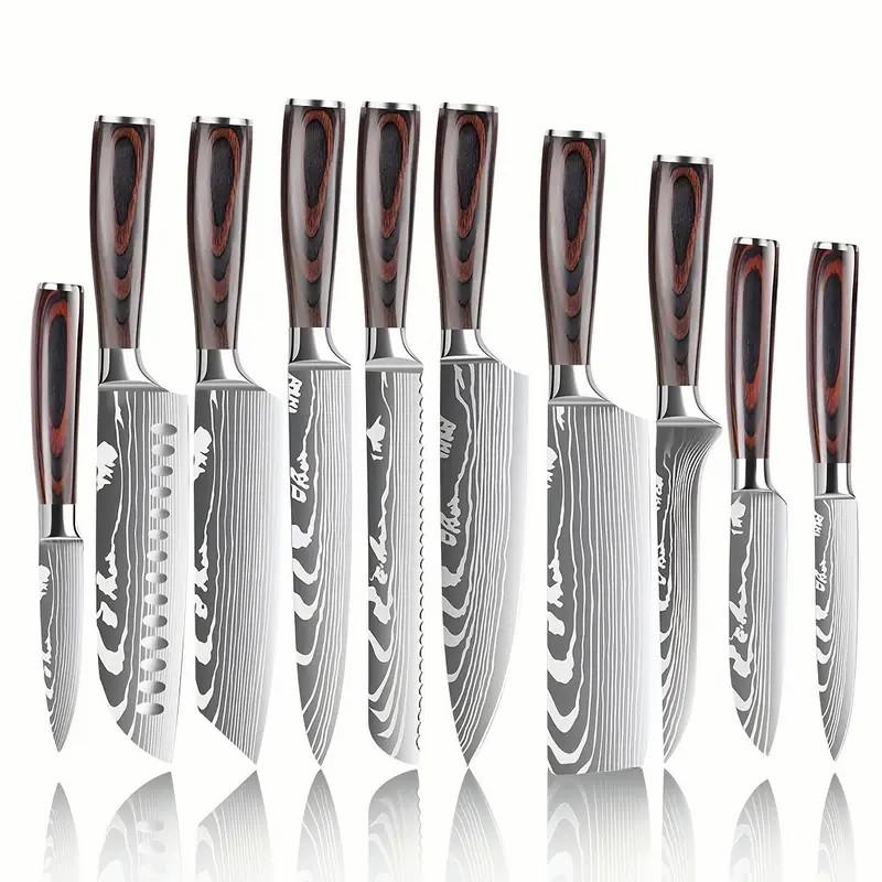 10dílná prémiová sada kuchyňských nožů z nerezové oceli DIY třída Dřevo Pakka Santoku Nakiri Krájecí Univerzální OEM Vykosťovací Kráječ Nože