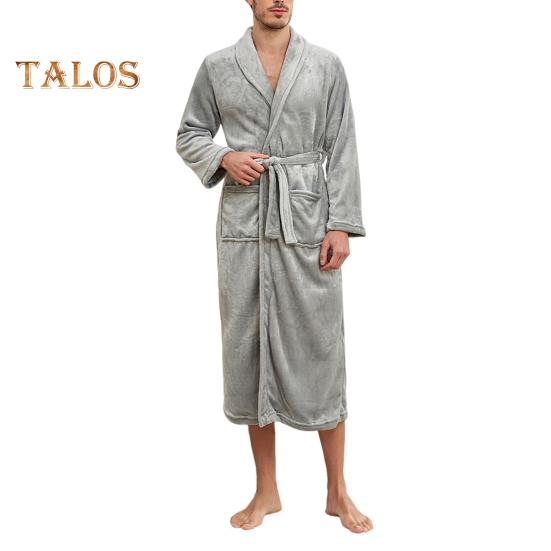 

Мужская зимняя ночная рубашка из плотной фланели, теплая, с узкой талией и поясом на шнуровке, однотонные карманы с лацканами, отличное впитывание воды, средняя длина, домашняя одежда для спа-отеля S серый