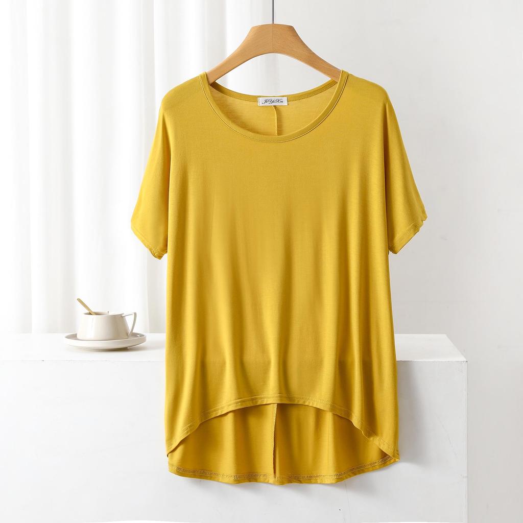 Sommar Lös Passform Modal T-shirt: Kort fram, lång bak, Plusstorlek Fladdermusärm