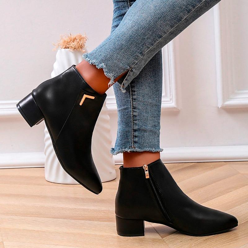 Soft Leather Booties Women's Pointed Toe Spliced Metal Buckle Side Zipper Anti-Slip Wear-Resistant Block Heel Boots