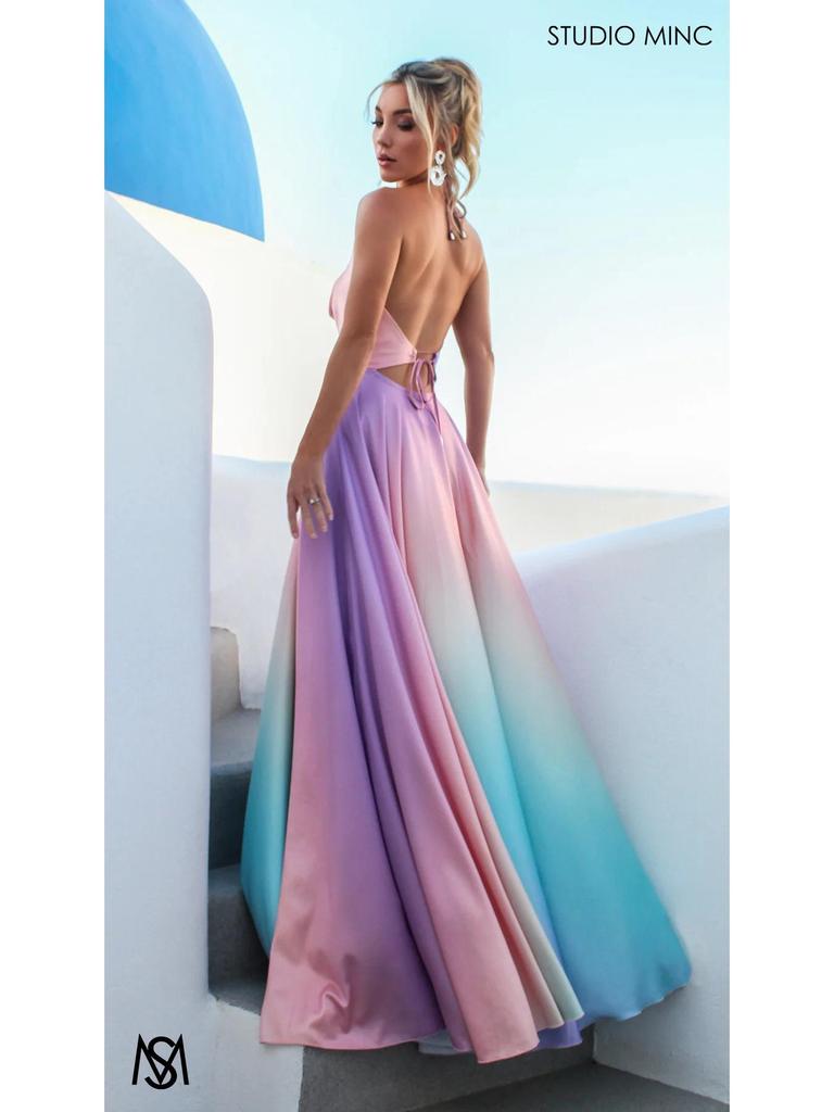 2026 Elegantes Abendkleid mit tiefem V-Ausschnitt und Farbverlauf: Damenkleid mit taillierter Taille, großem Saum, lang