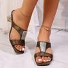 Fashion Women's Fashion Sequin Flip-flops Summer New Square Head Open Toe Hollow-out Anti-slip Wear-resistant Heel Shoes