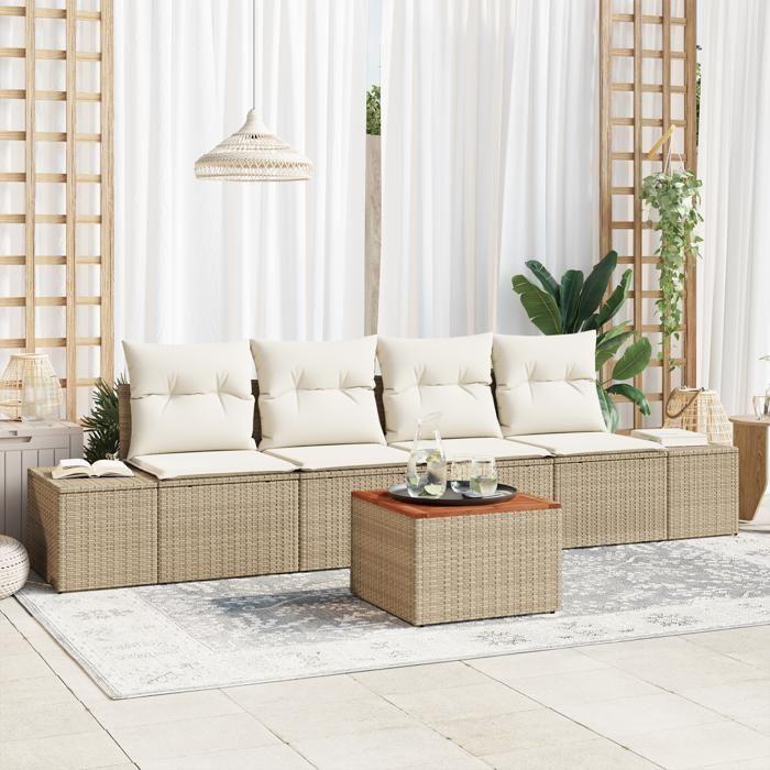 VidaXL Ensemble de canapé de jardin 5 pièces avec coussins Beige Rattan Acacia 3347890