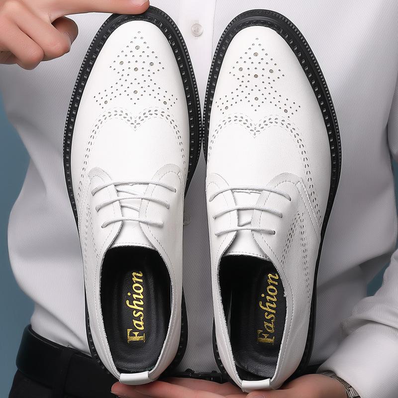 

Весенние и осенние мужские деловые повседневные кожаные туфли Brock с гравировкой, кожаные туфли из натуральной кожи, корейская версия, модные мужские туфли на шнуровке 38 белый