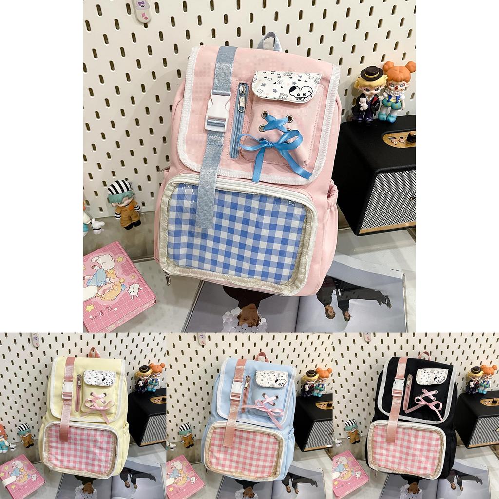 Girls Boys Korean Style Nylon School Backpack With Grid Print And Bow Decoration For Middle School Students