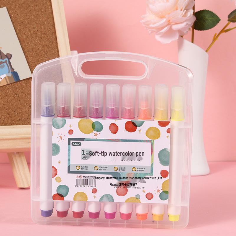 Washable Hard-Tip Watercolor Pens for Kids, 12 Colors, Triangular Barrel, Large Capacity, Boxed Set.