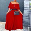 Damen Sexy Schulterfrei Kurzarm Einfarbig Lang A-Linie Abendkleid