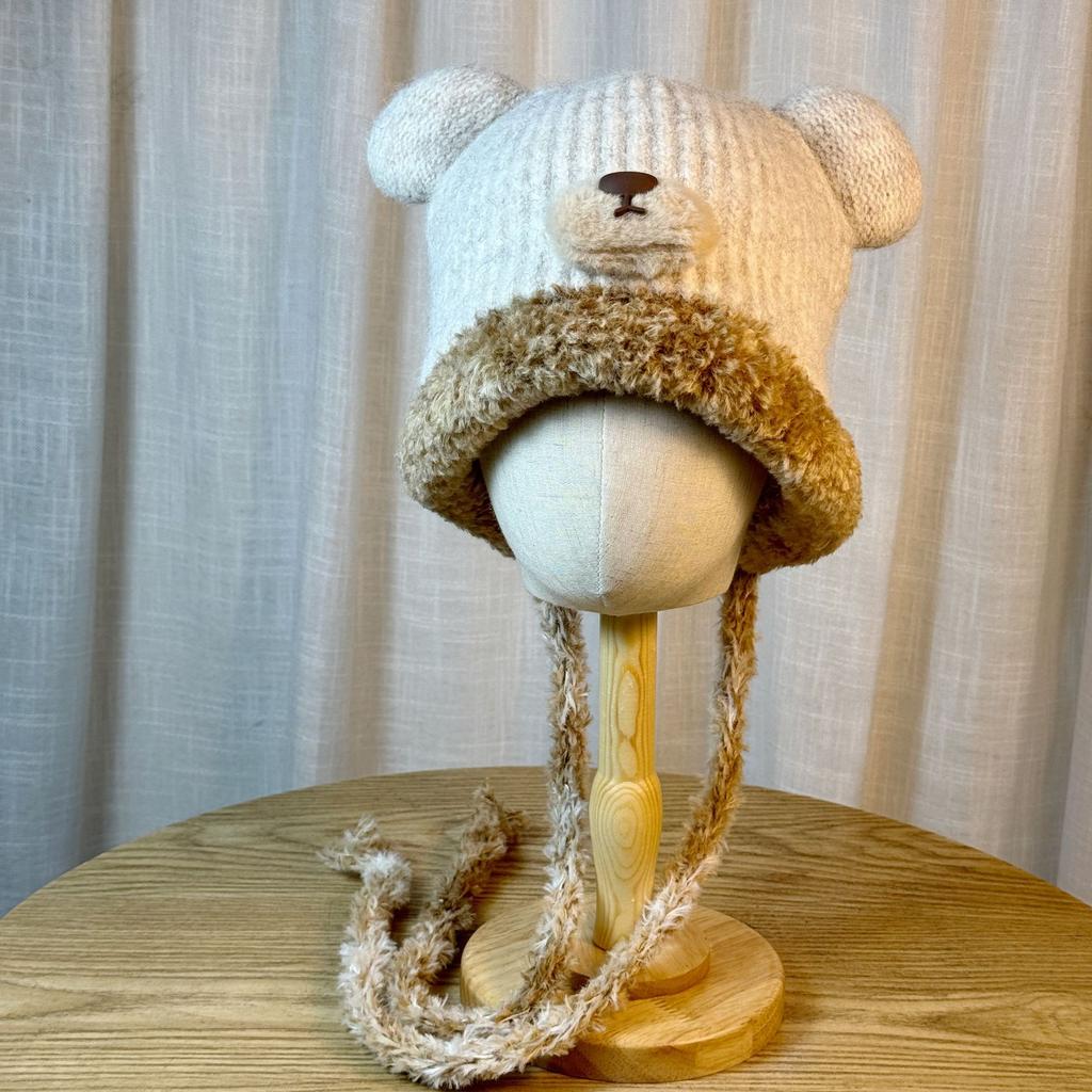New Cute Bear Knitted Hat for Women in Autumn and Winter Warm Plus Velvet Ear Protection Hat Cold Proof Pullover Woolen Hat